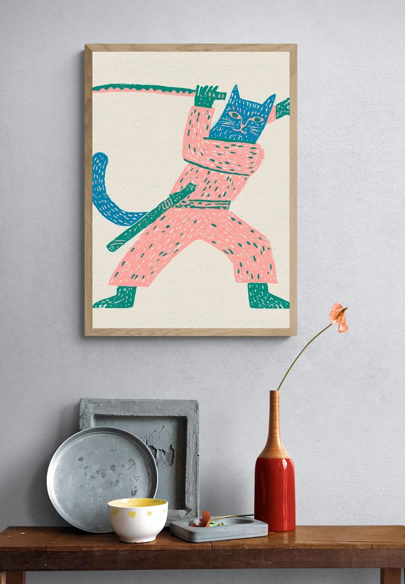 Playful Cat Warrior Illustration Poster. — room view 3