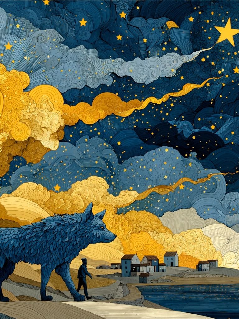 Wolf Under Starry Sky Print. poster detail