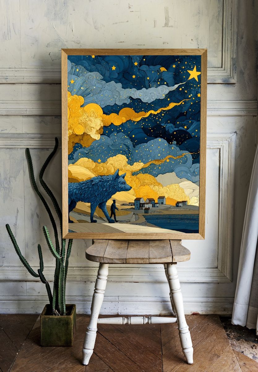 Wolf Under Starry Sky Print. room preview