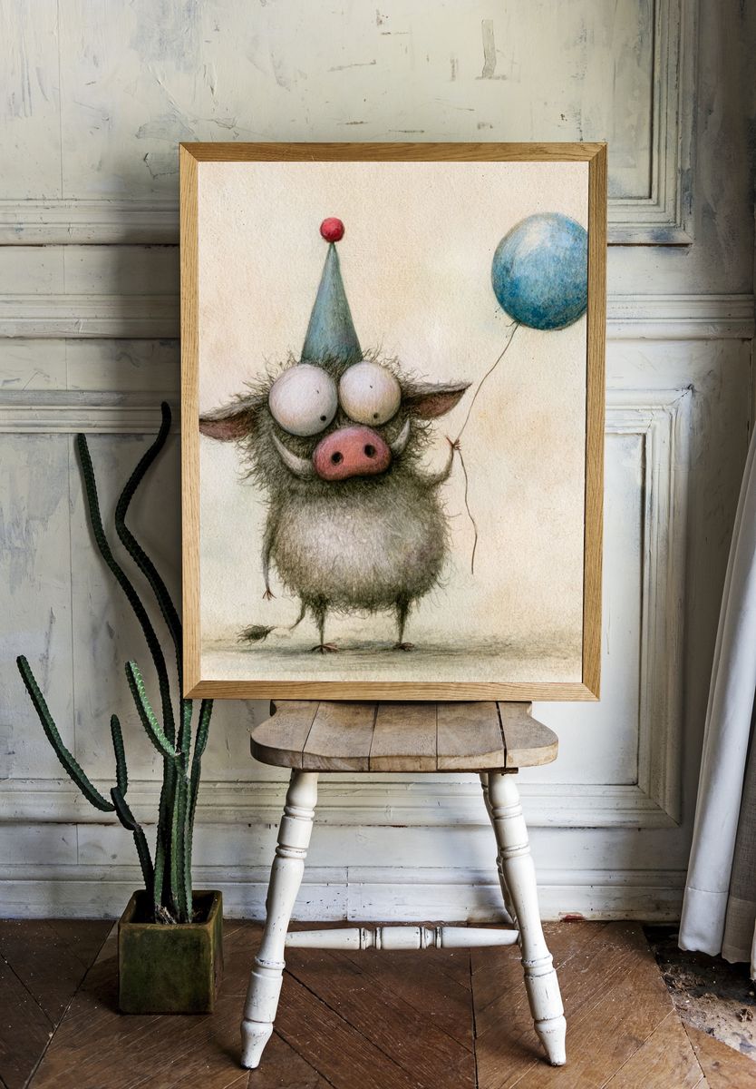 Whimsical Pig Balloon Illustration Poster. room preview