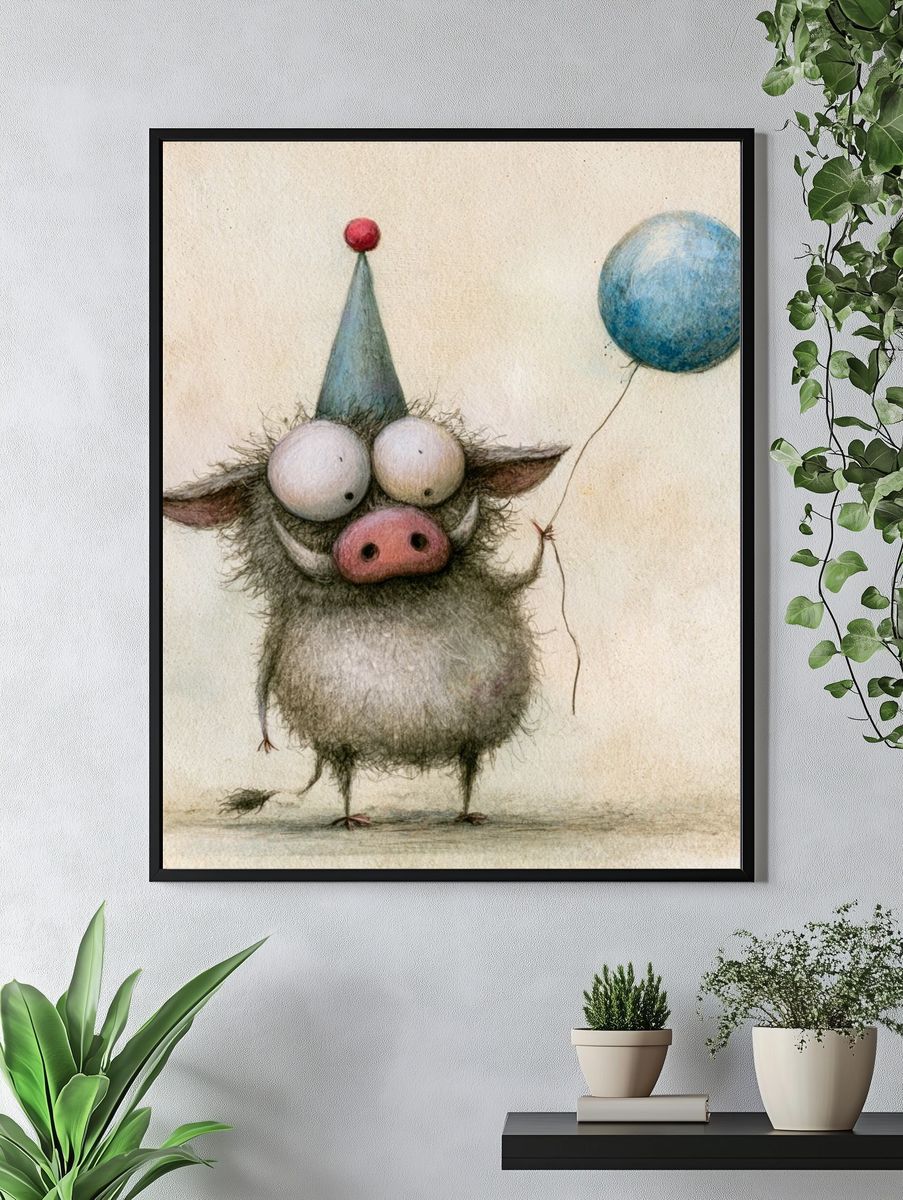 Whimsical Pig Balloon Illustration Poster. — room view 4