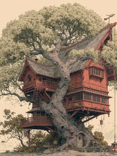 Enchanted Treehouse Illustration Poster.