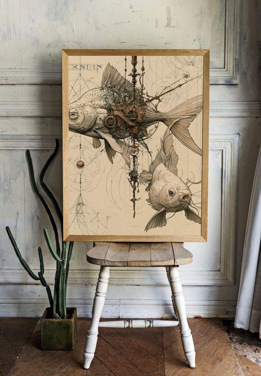 Steampunk Koi Illustration Poster. — room view 1