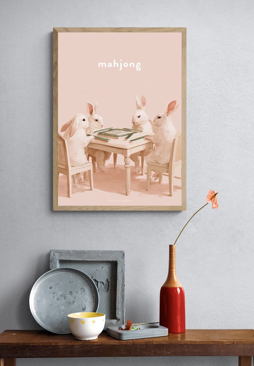 Mahjong Rabbits Illustration Poster. — room view 3