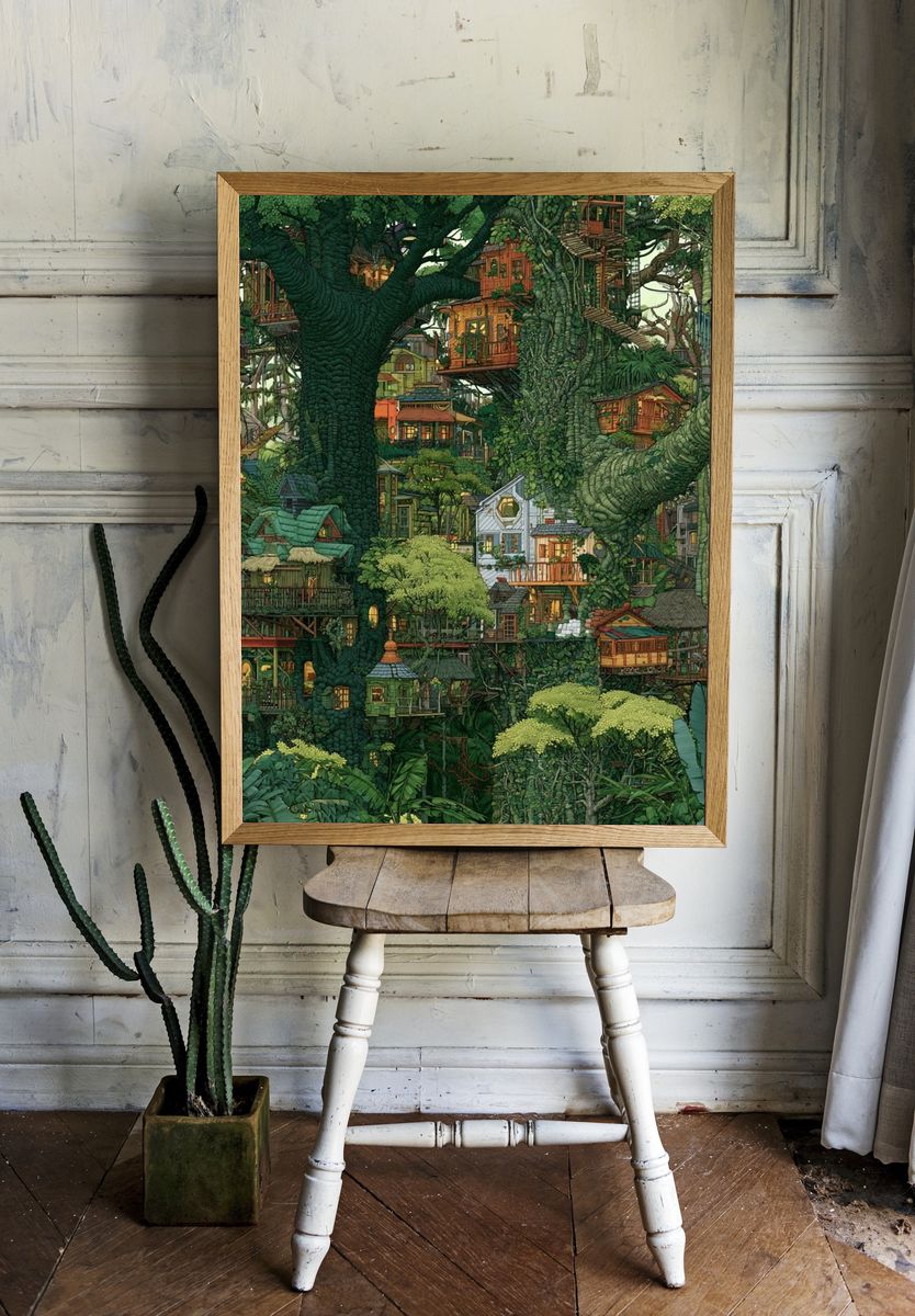 Enchanted Tree Village Illustration Poster. room preview
