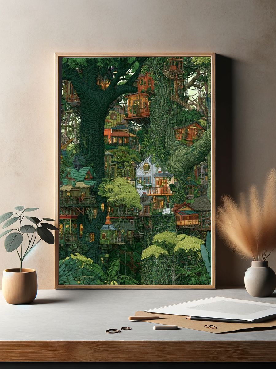 Enchanted Tree Village Illustration Poster. — room view 2