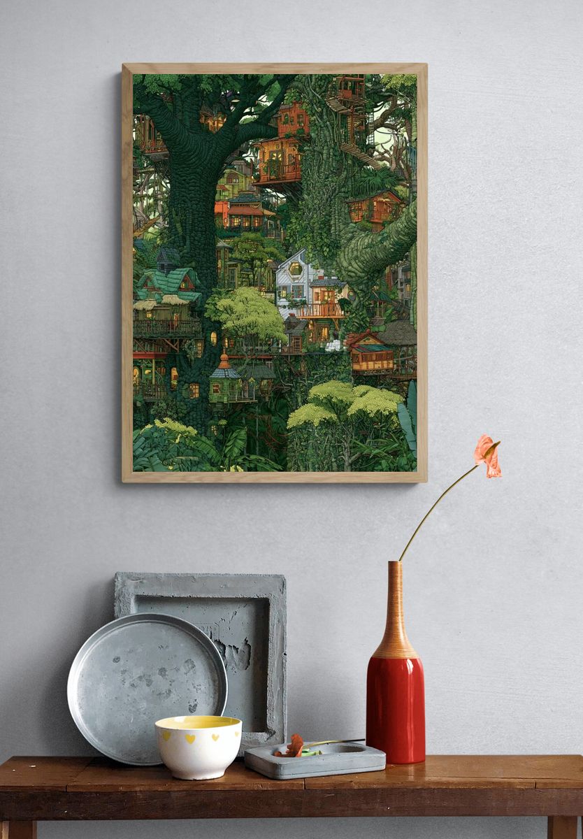 Enchanted Tree Village Illustration Poster. — room view 3