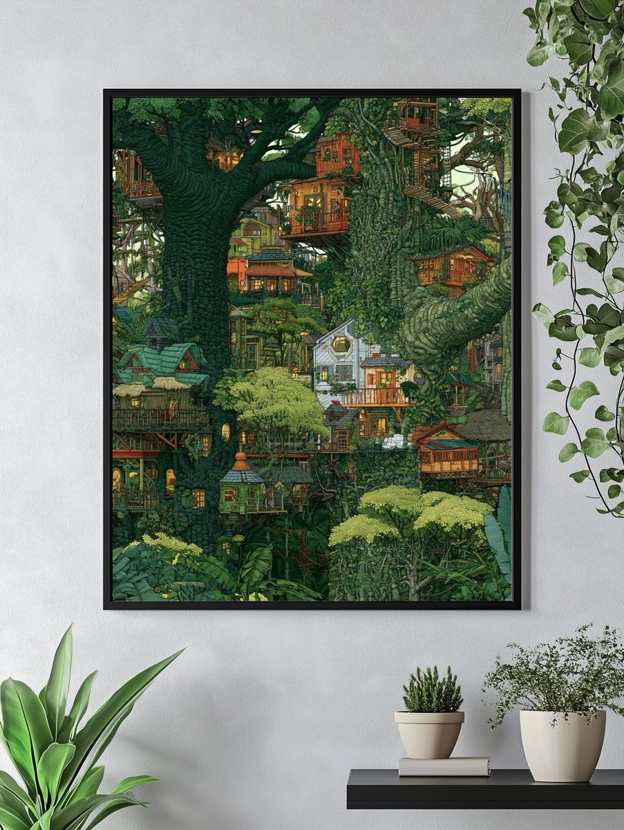 Enchanted Tree Village Illustration Poster. — room view 4