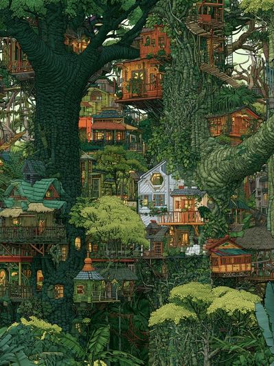 Enchanted Tree Village Illustration Poster. poster