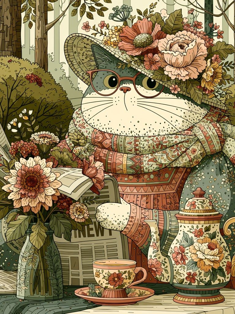 Floral Cat Tea Party Illustration Poster. poster detail