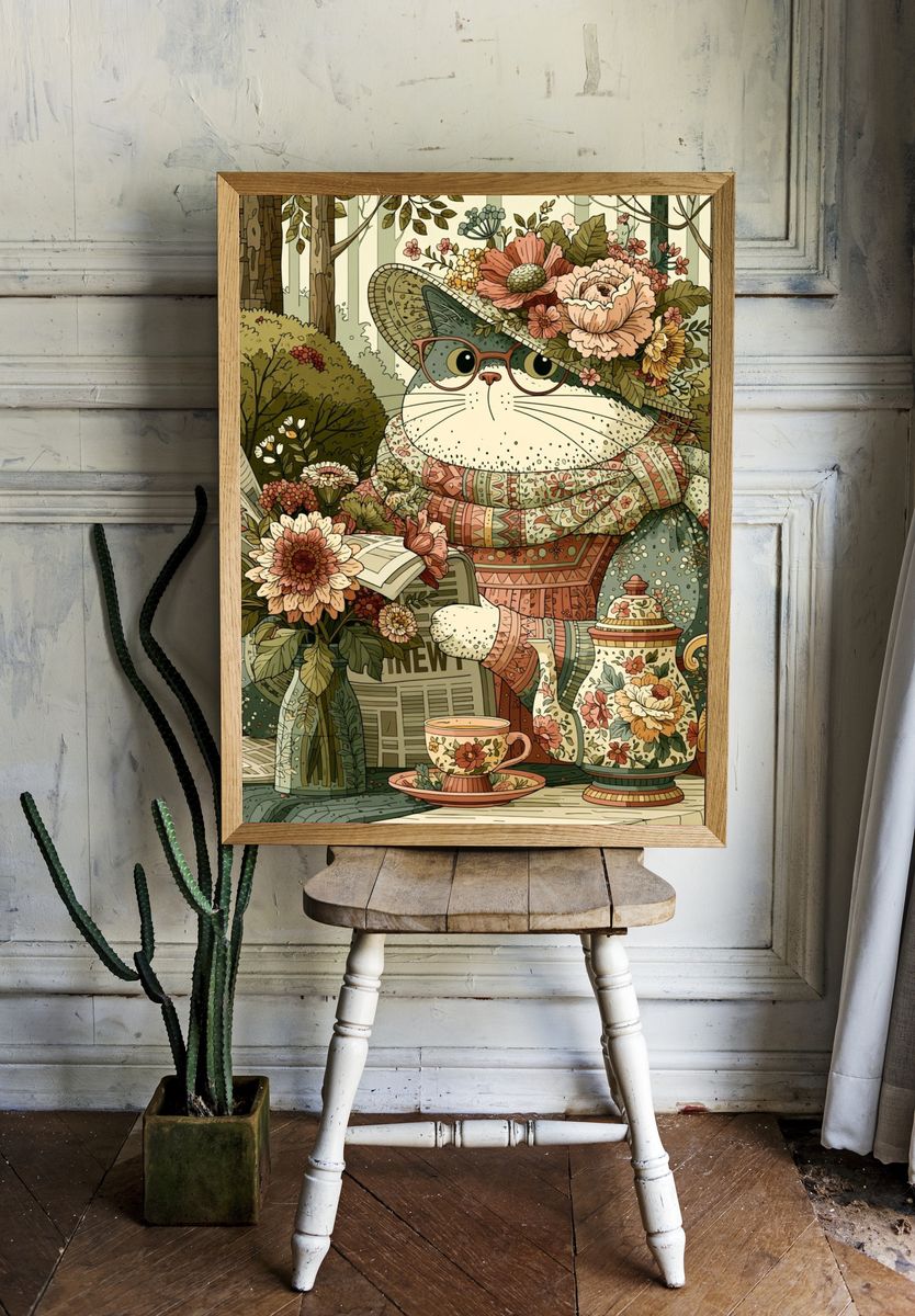 Floral Cat Tea Party Illustration Poster. room preview