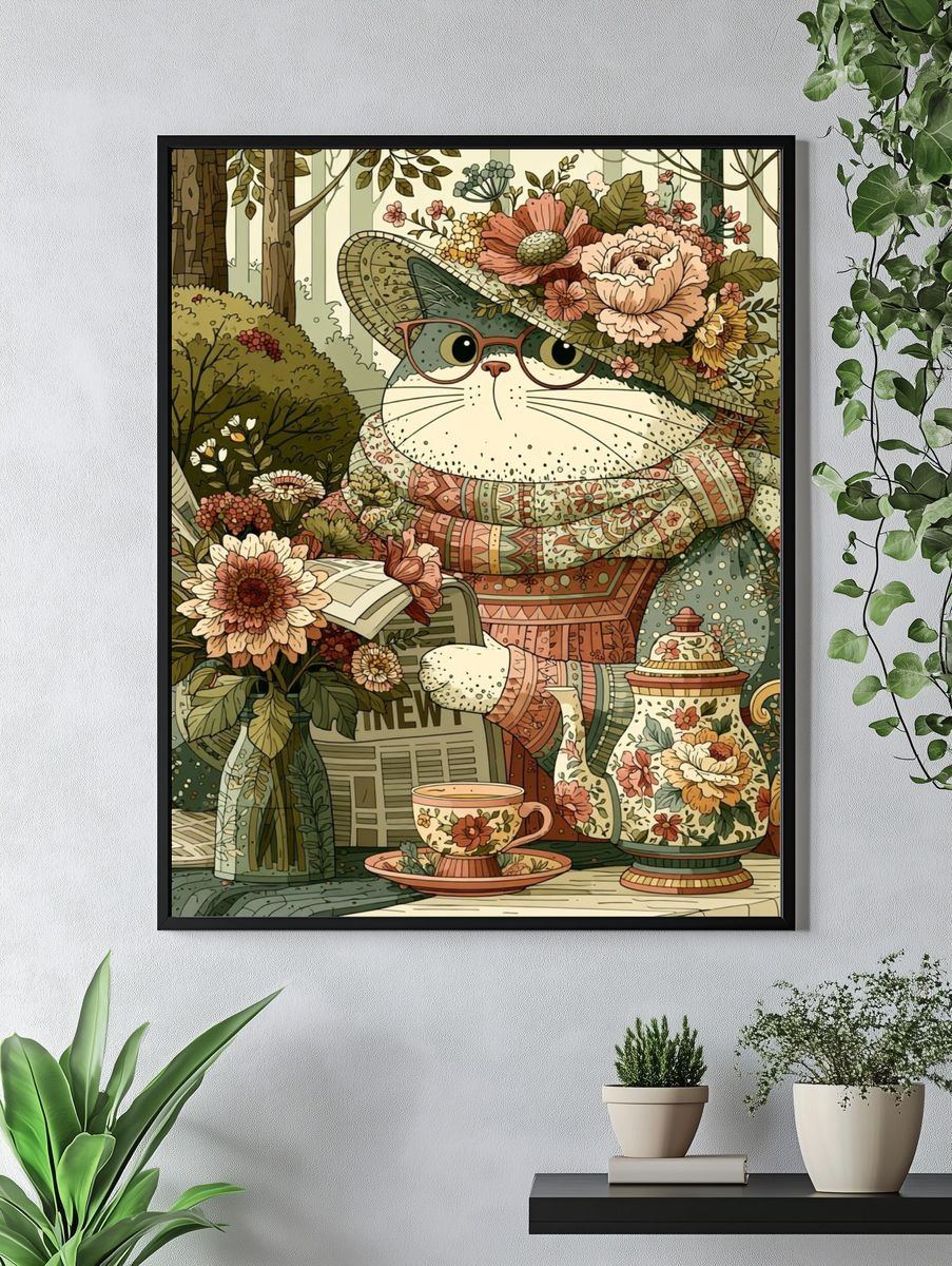Floral Cat Tea Party Illustration Poster. — room view 4
