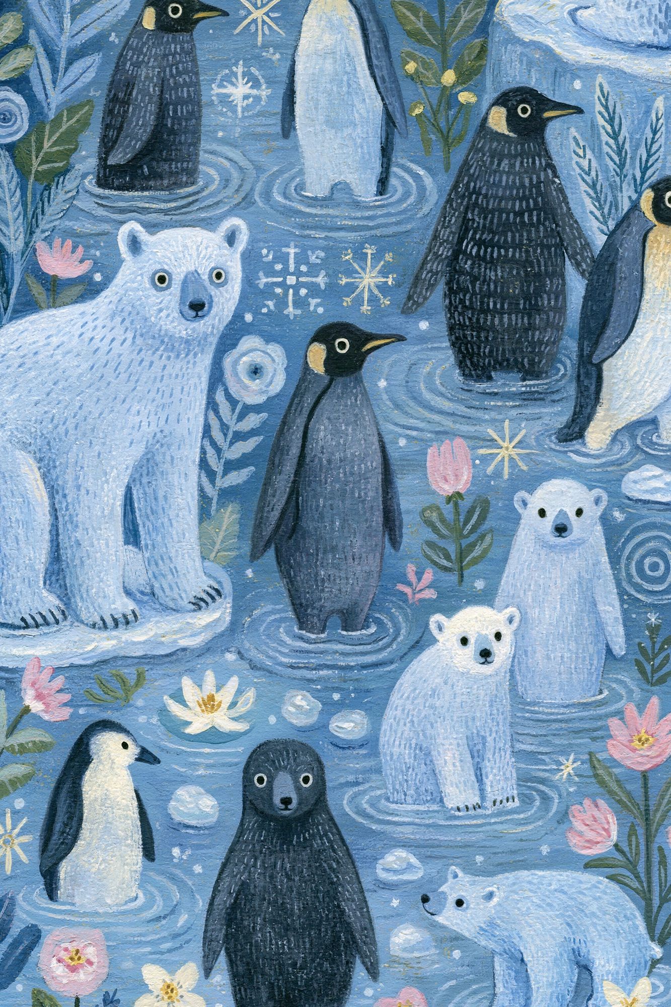 Polar Bears and Penguins Illustration Poster. poster — illustration art