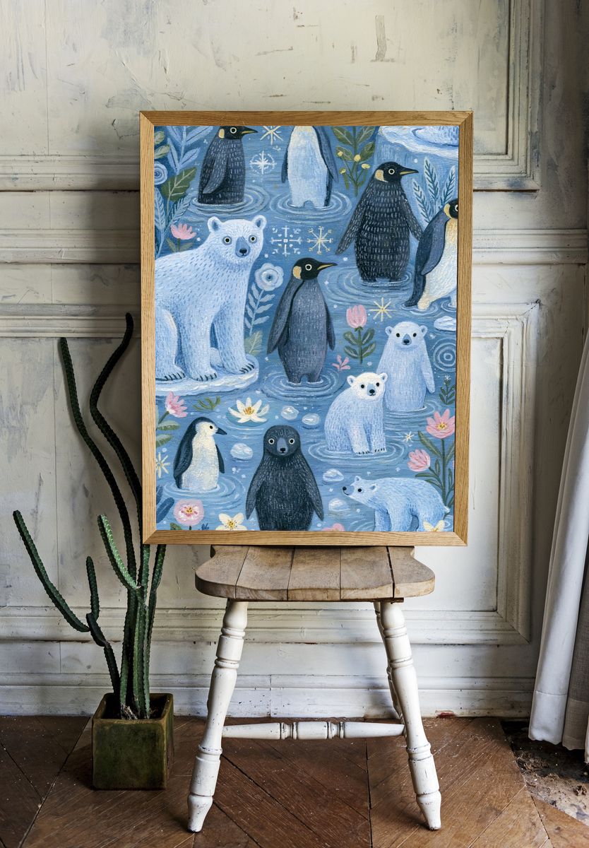 Polar Bears and Penguins Illustration Poster. — room view 1