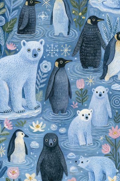 Polar Bears and Penguins Illustration Poster. poster