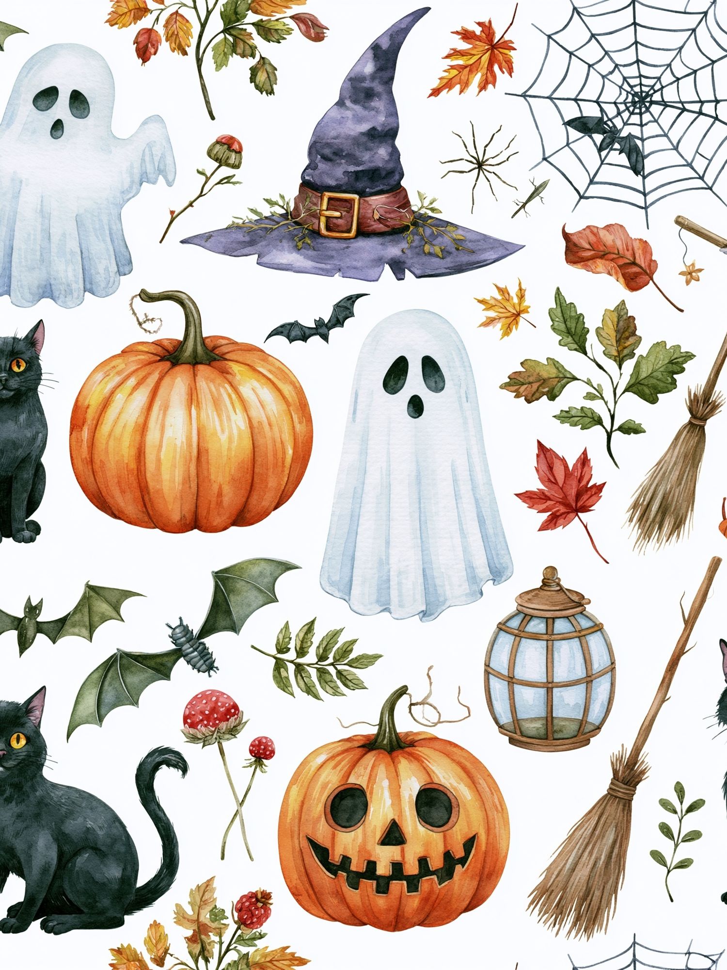 Halloween Cats and Pumpkins Illustration Poster. poster detail