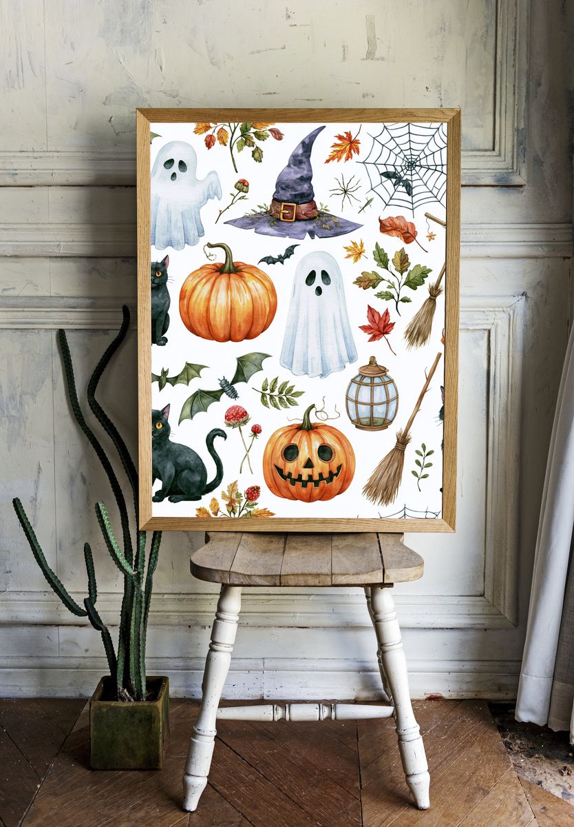 Halloween Cats and Pumpkins Illustration Poster. — room view 1