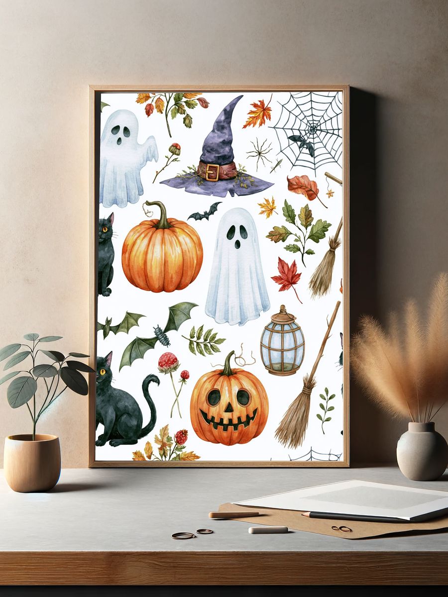 Halloween Cats and Pumpkins Illustration Poster. — room view 2