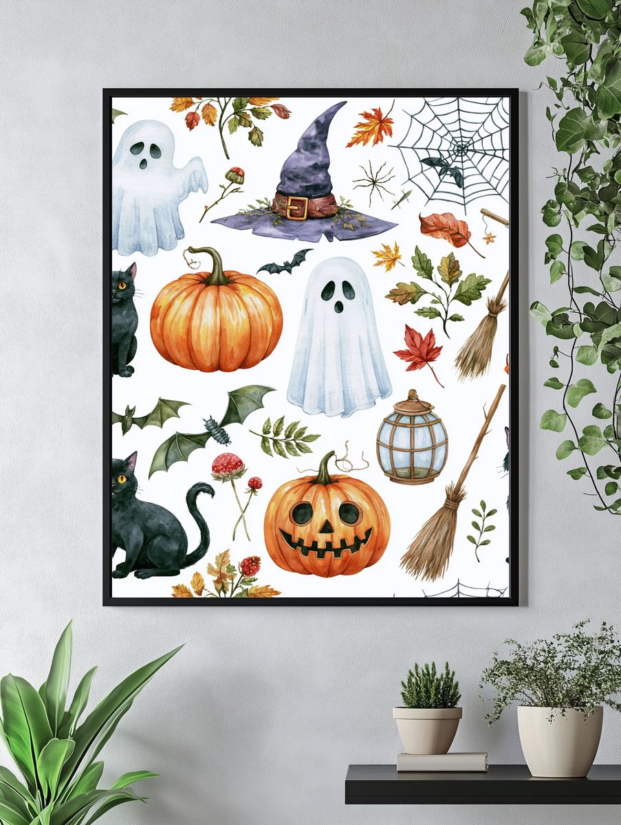 Halloween Cats and Pumpkins Illustration Poster. — room view 4