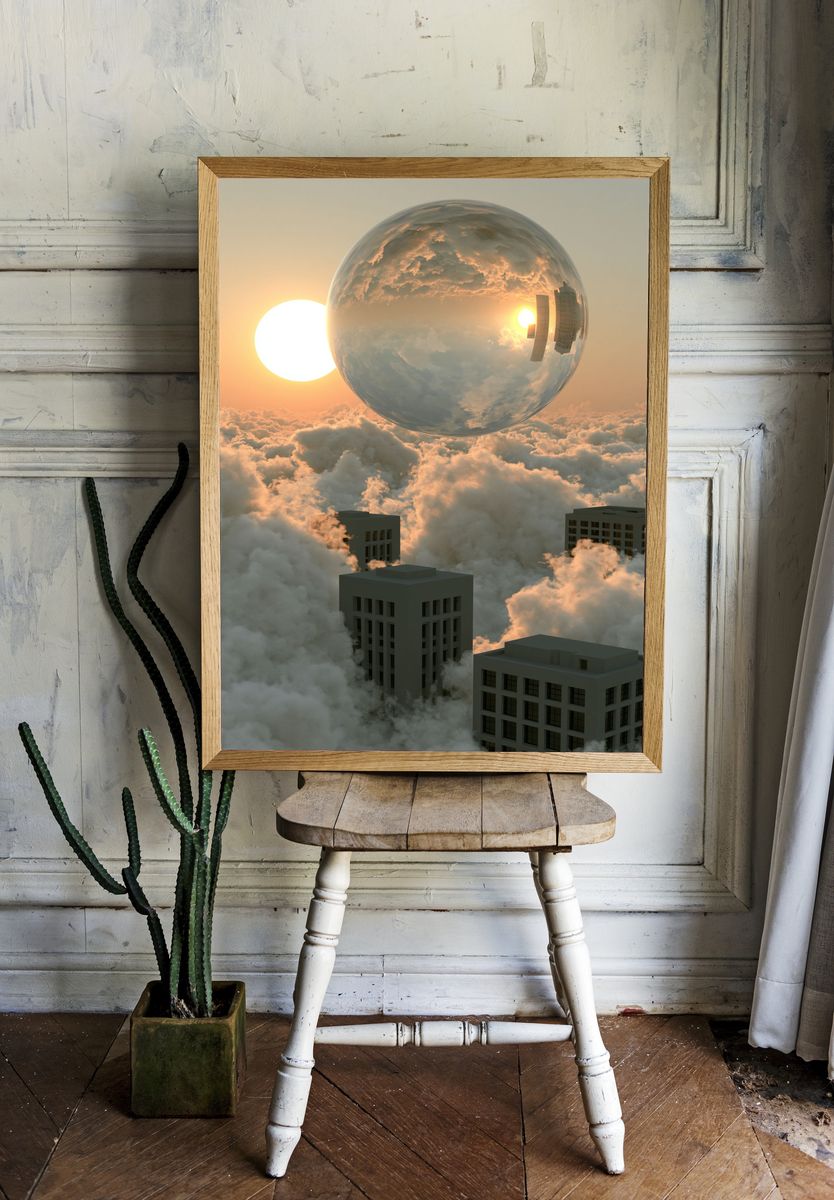 Surreal Cloud Cityscape Print. — room view 1
