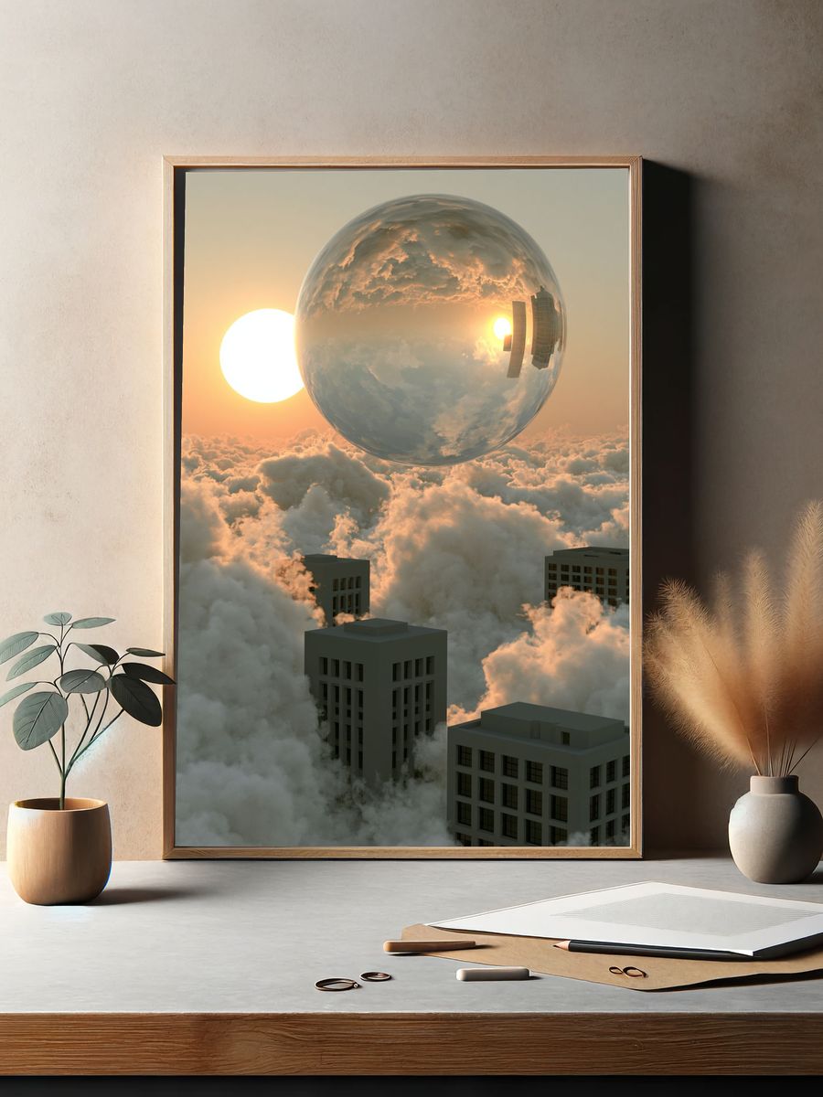 Surreal Cloud Cityscape Print. — room view 2