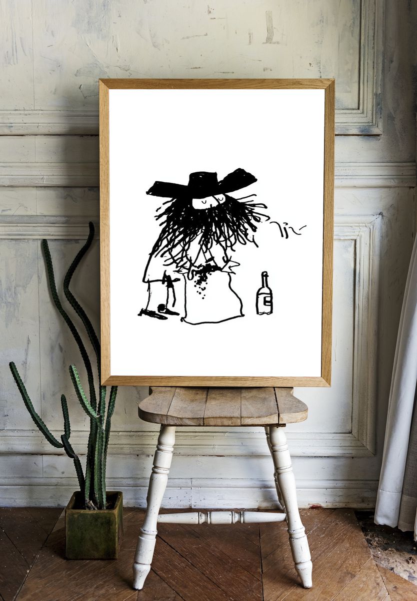 Whimsical Drunk Cowboy Illustration Poster. room preview