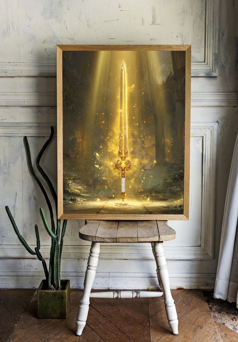 Radiant Golden Sword Fantasy Print. — room view 1