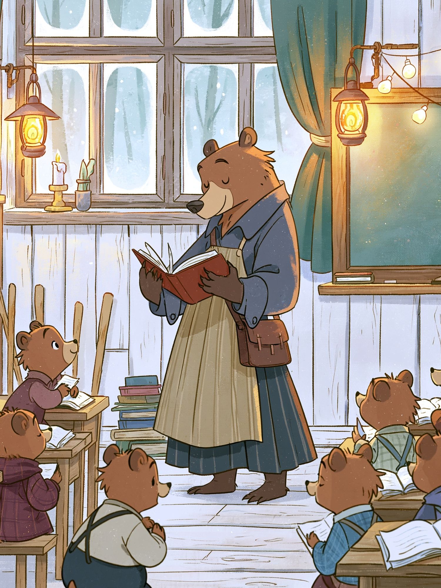Bear Classroom Reading Illustration Poster. poster — illustration art