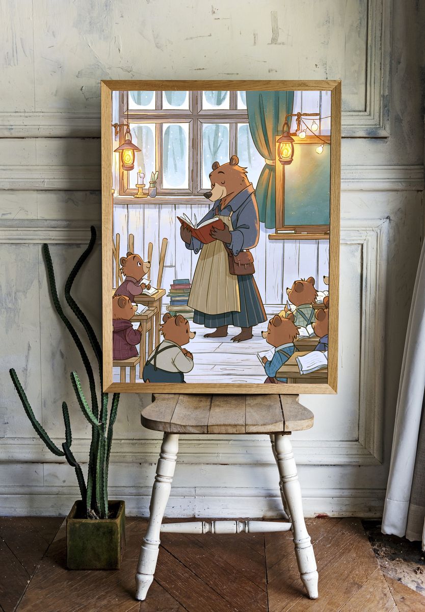 Bear Classroom Reading Illustration Poster. — room view 1