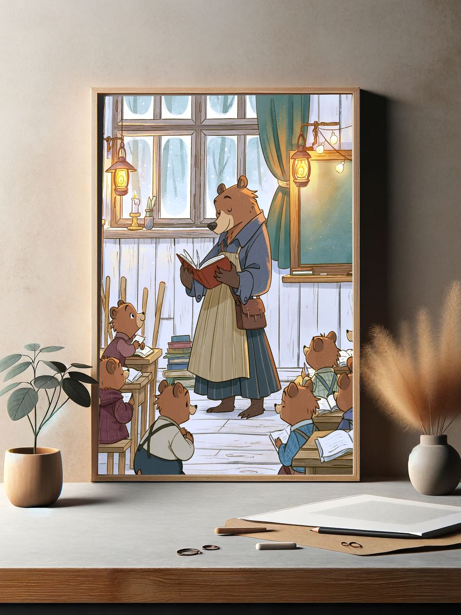 Bear Classroom Reading Illustration Poster. — room view 2