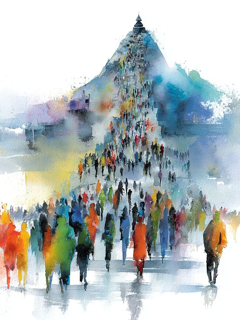Crowd at the Pyramid Watercolor Print. poster detail