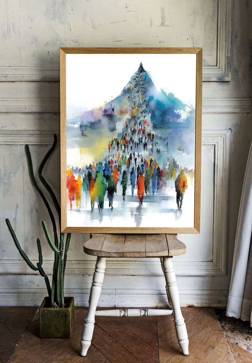 Crowd at the Pyramid Watercolor Print. — room view 1
