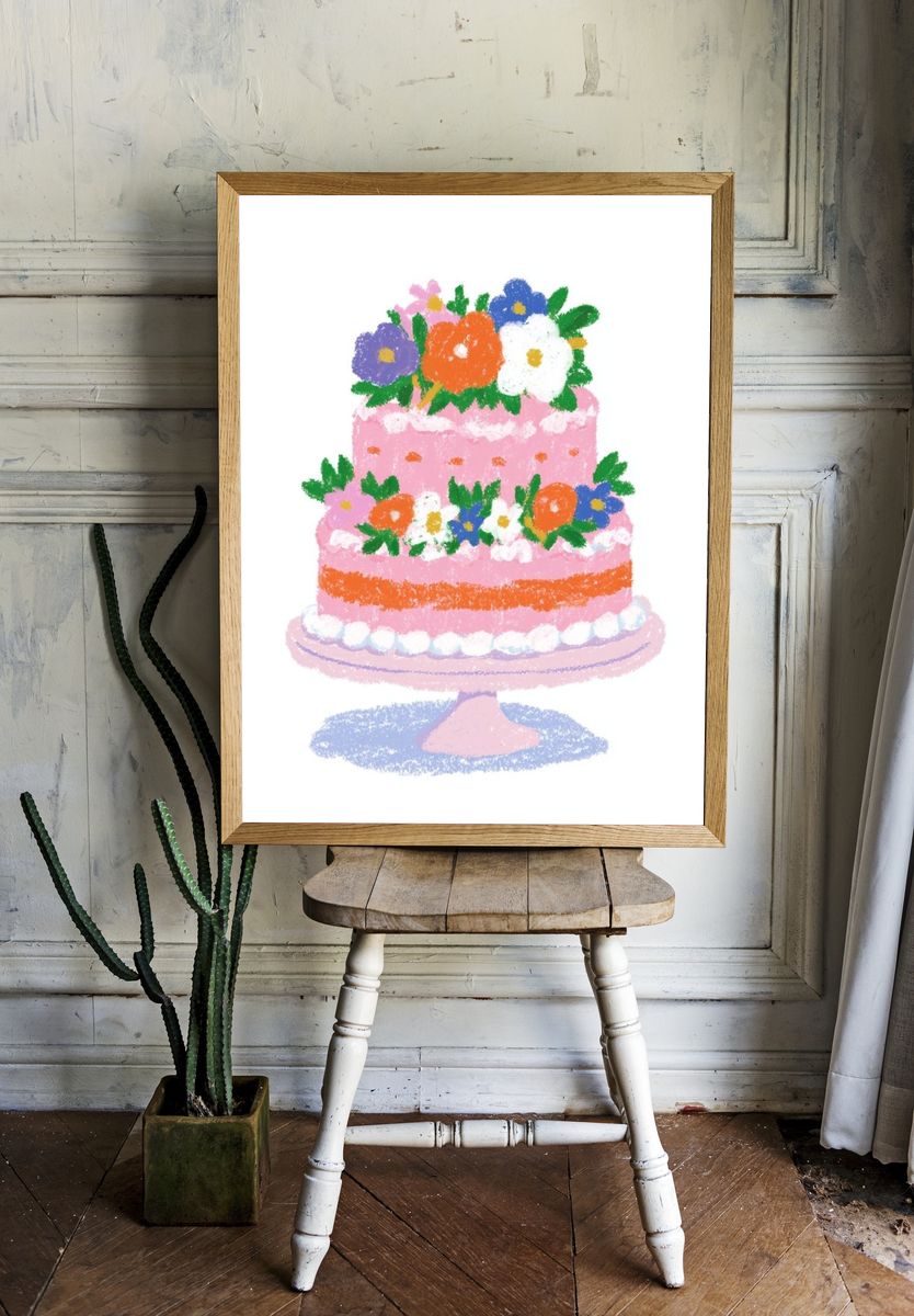 Pink Floral Cake Illustration Poster. room preview