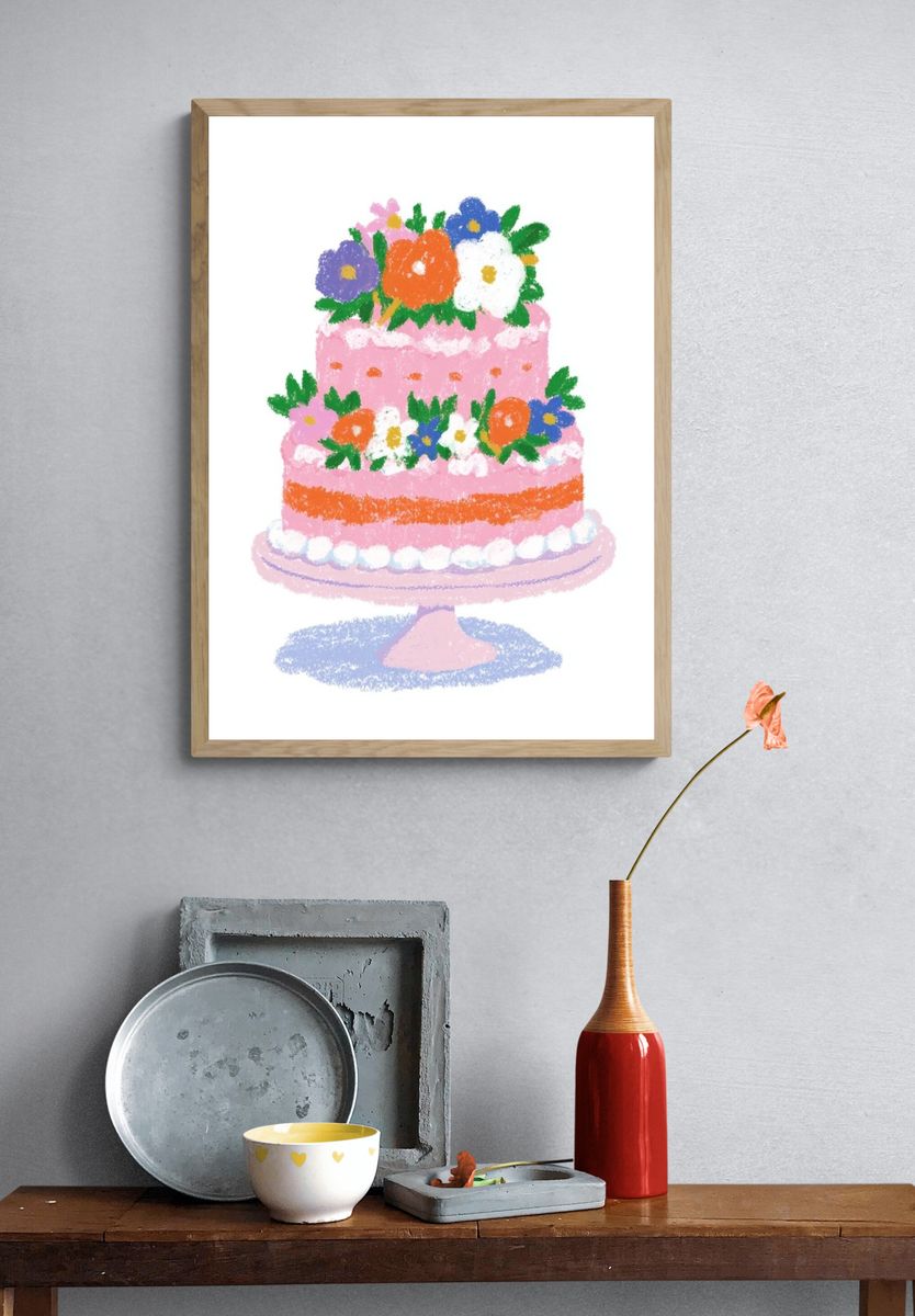 Pink Floral Cake Illustration Poster. — room view 3