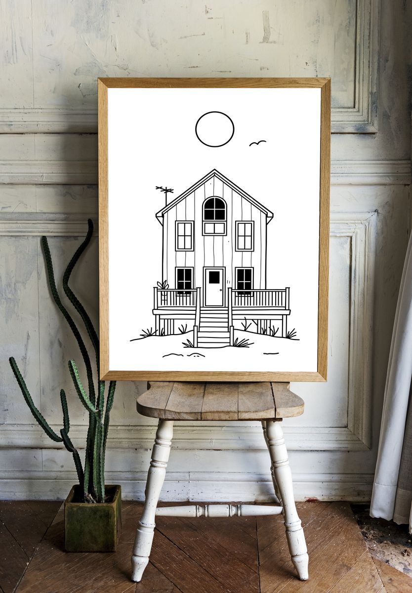 Coastal House Line Art Poster. room preview