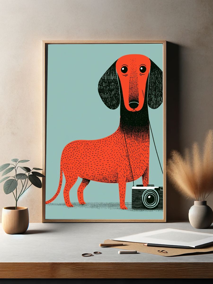 Dachshund Camera Illustration Poster. — room view 2