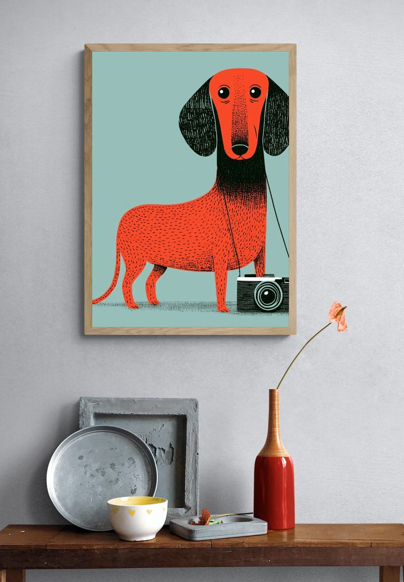 Dachshund Camera Illustration Poster. — room view 3