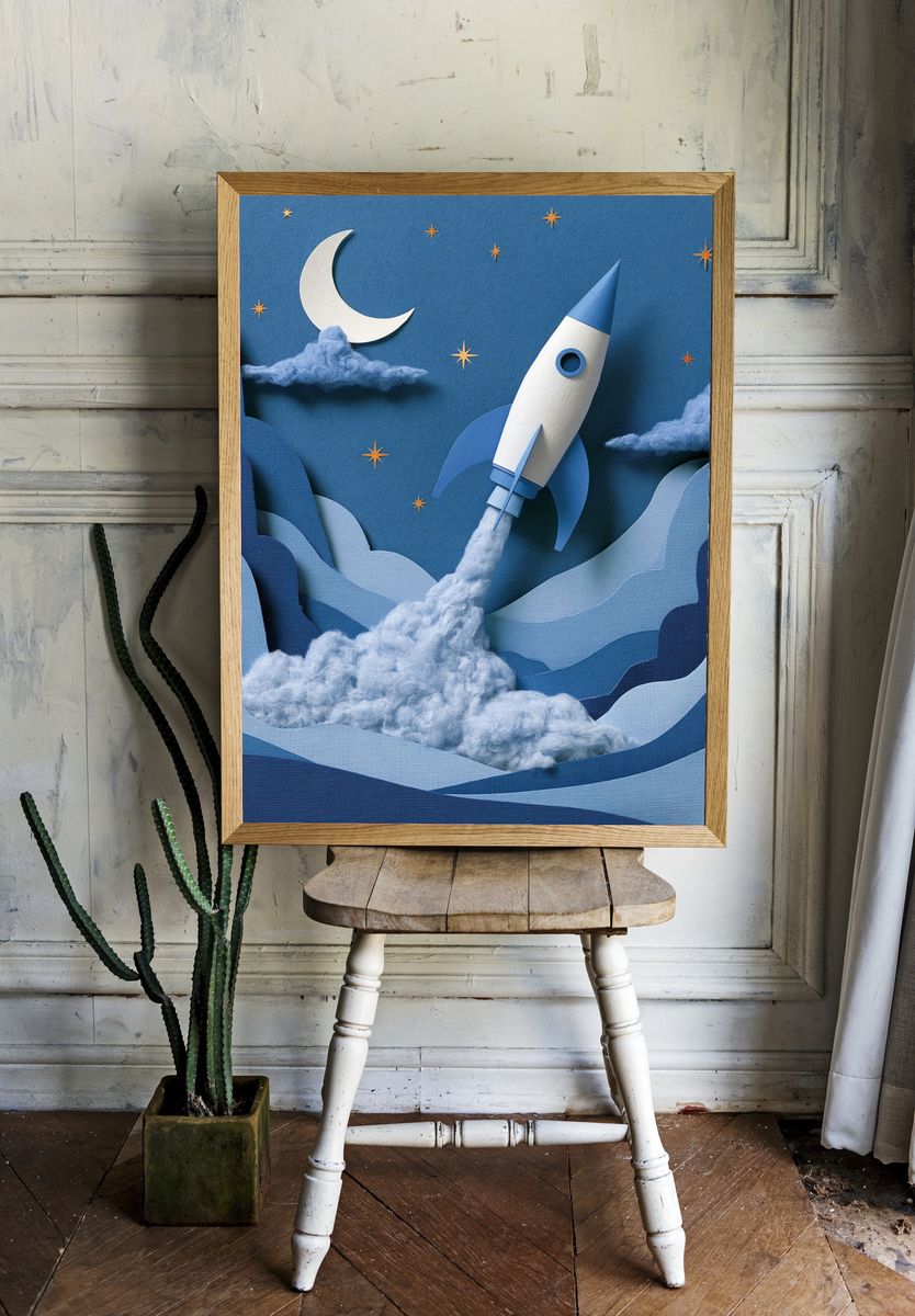 Moon Rocket Night Sky Poster. — room view 1