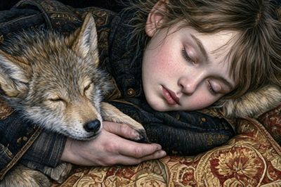 Sleeping Child and Fox Fine-Art Print. poster