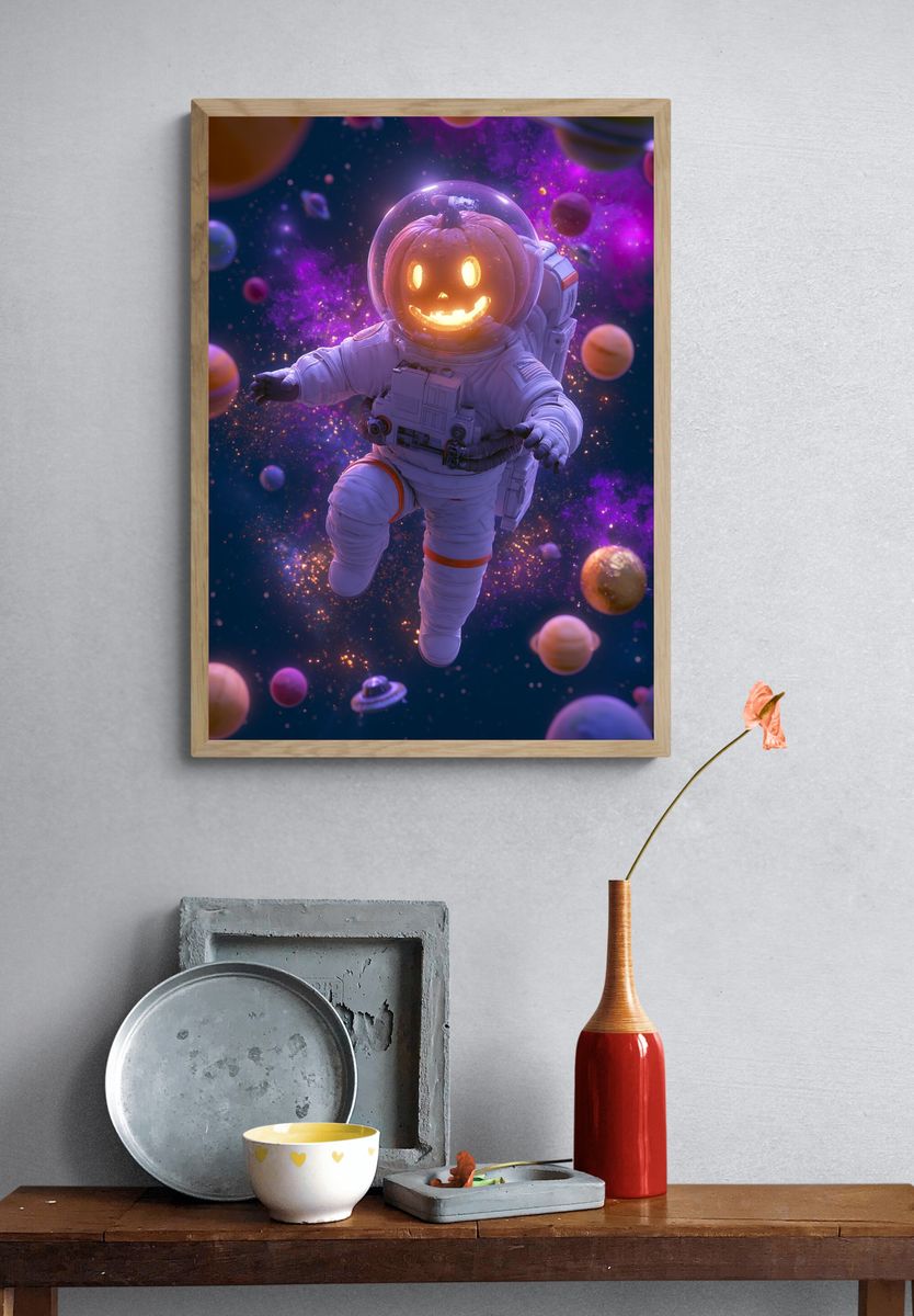 Pumpkin Astronaut Space Print. — room view 3