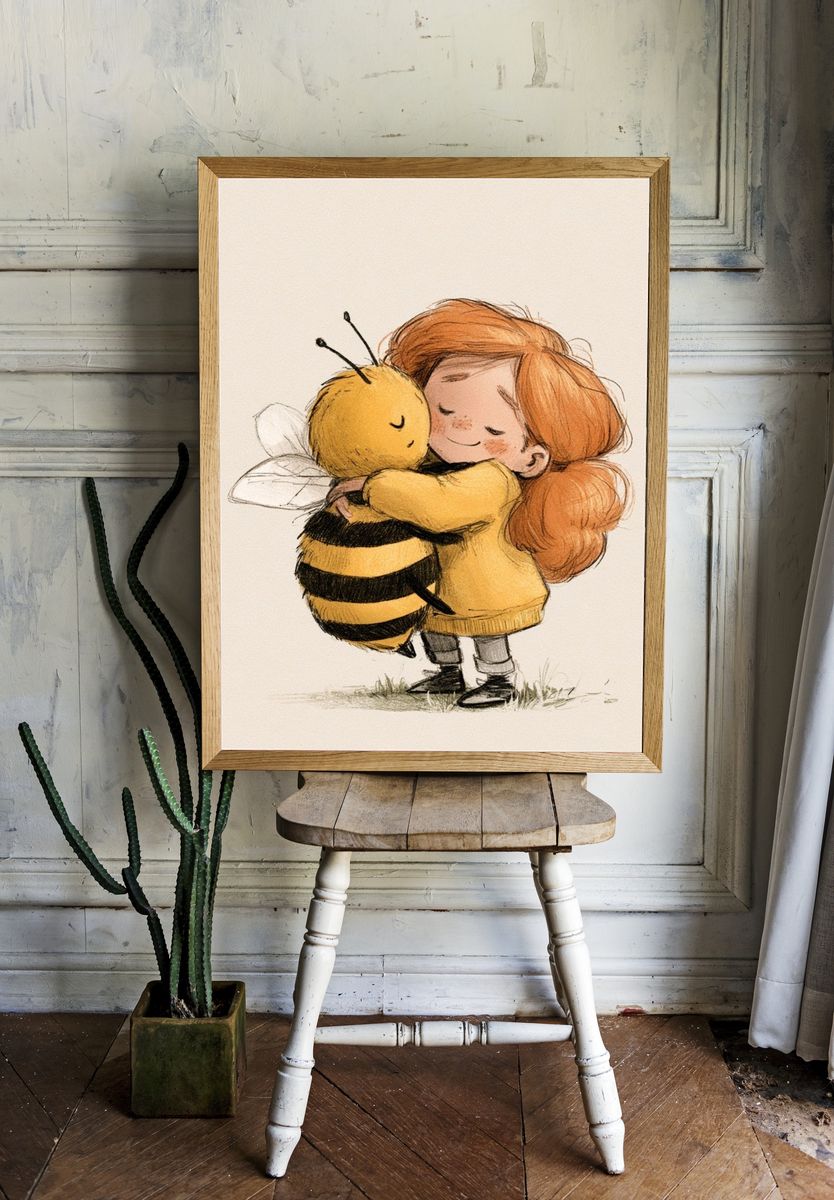 Girl and Bee Hug Illustration Poster. — room view 1