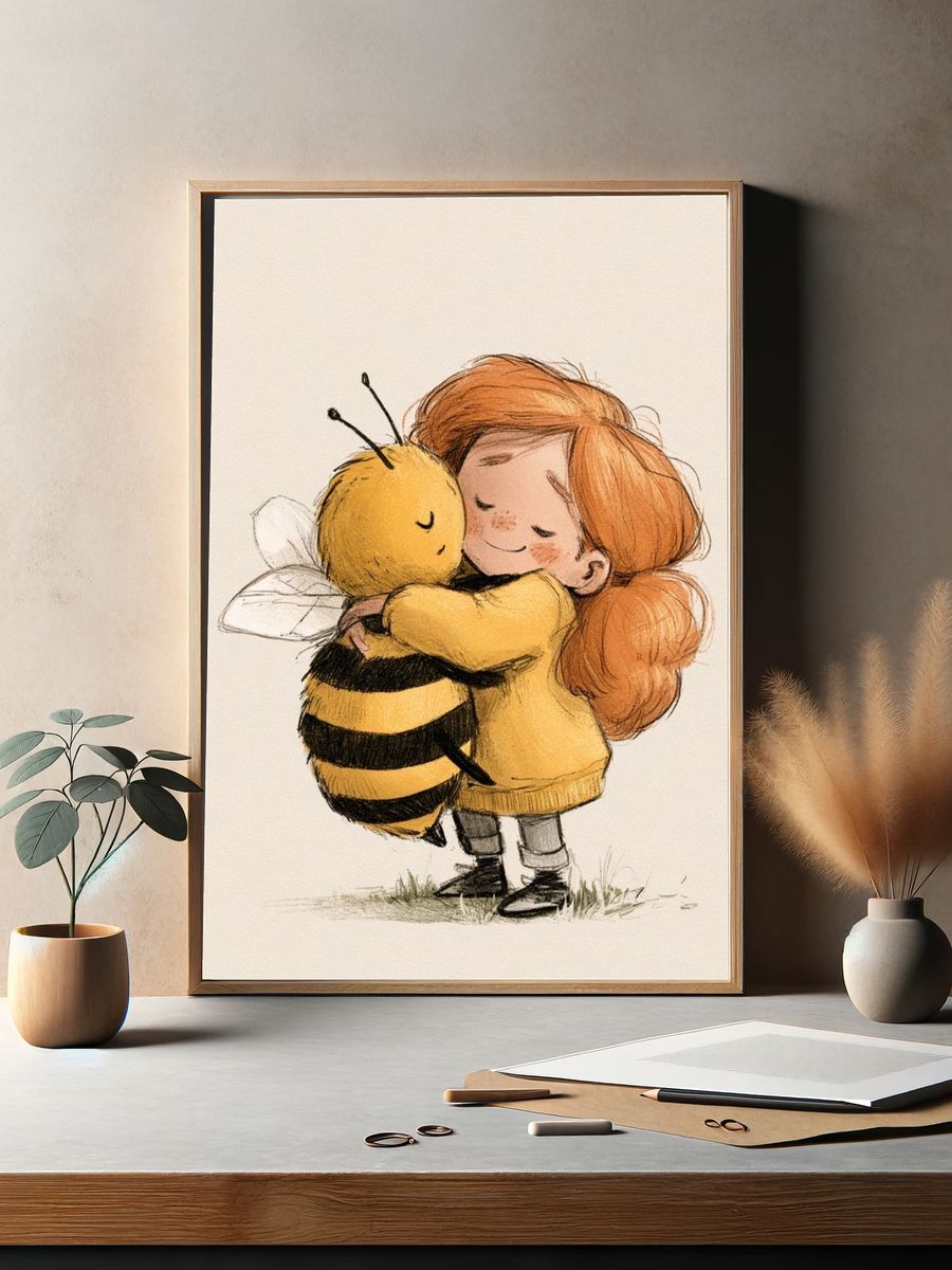Girl and Bee Hug Illustration Poster. — room view 2