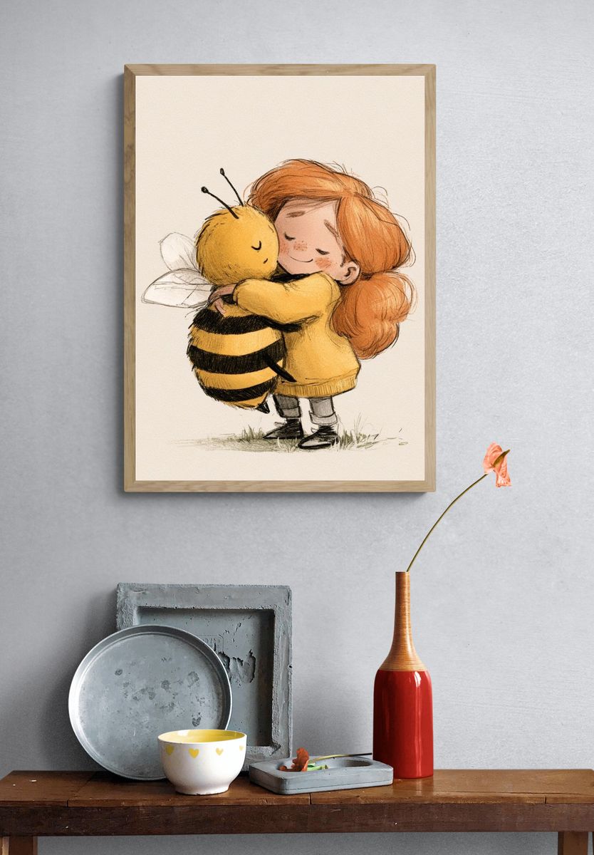 Girl and Bee Hug Illustration Poster. — room view 3