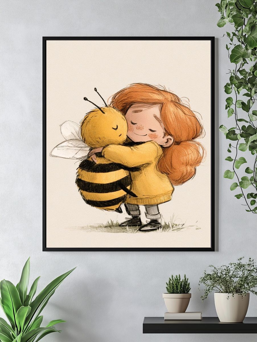 Girl and Bee Hug Illustration Poster. — room view 4