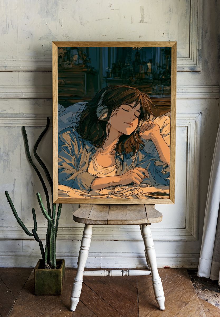 Cozy Headphones Girl Illustration Poster. — room view 1