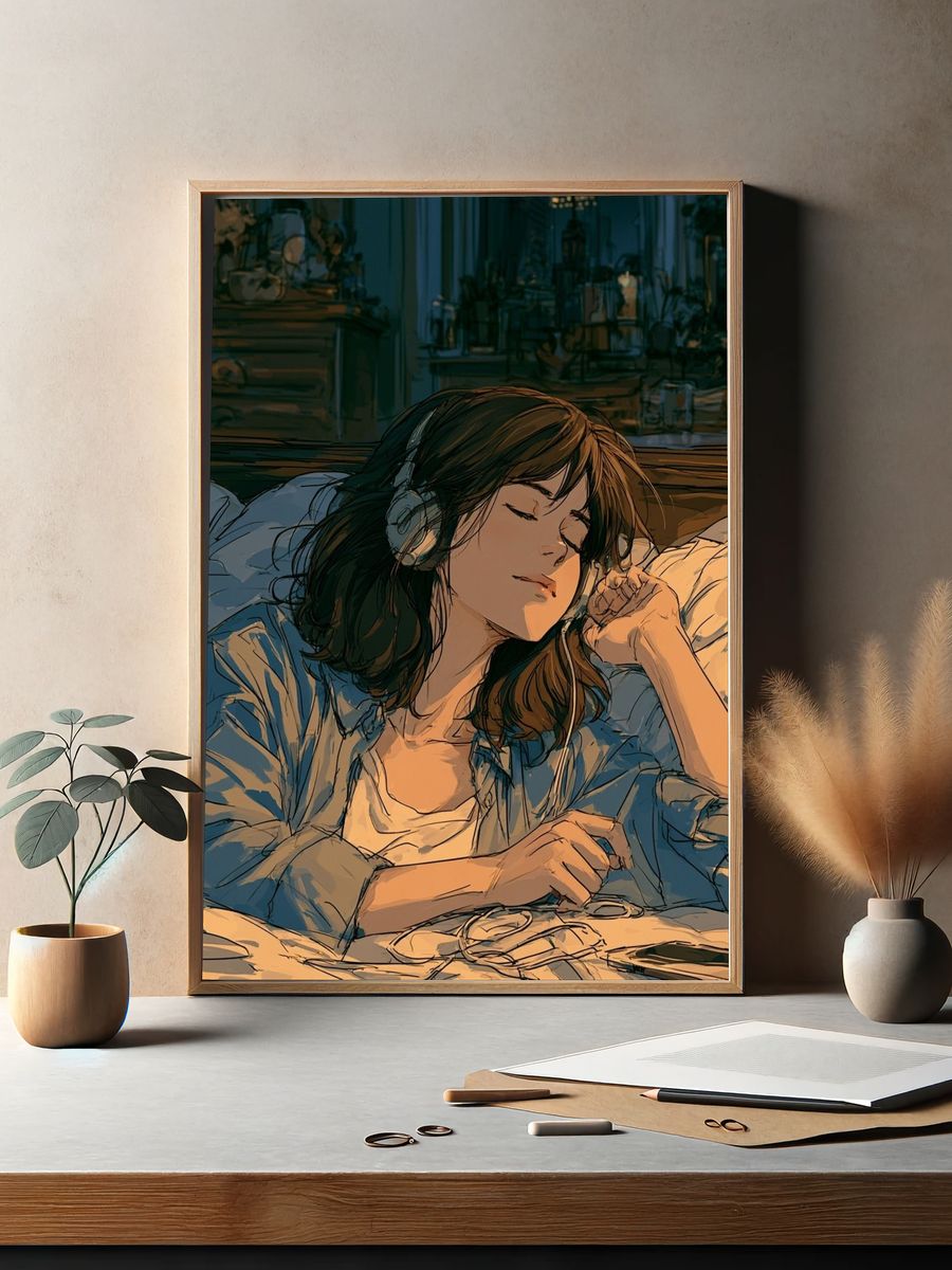 Cozy Headphones Girl Illustration Poster. — room view 2