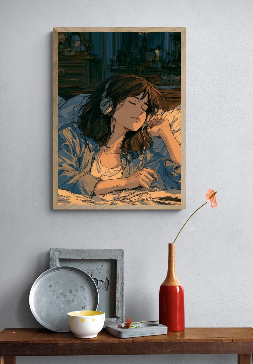Cozy Headphones Girl Illustration Poster. — room view 3