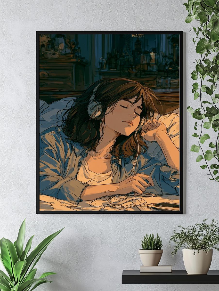 Cozy Headphones Girl Illustration Poster. — room view 4