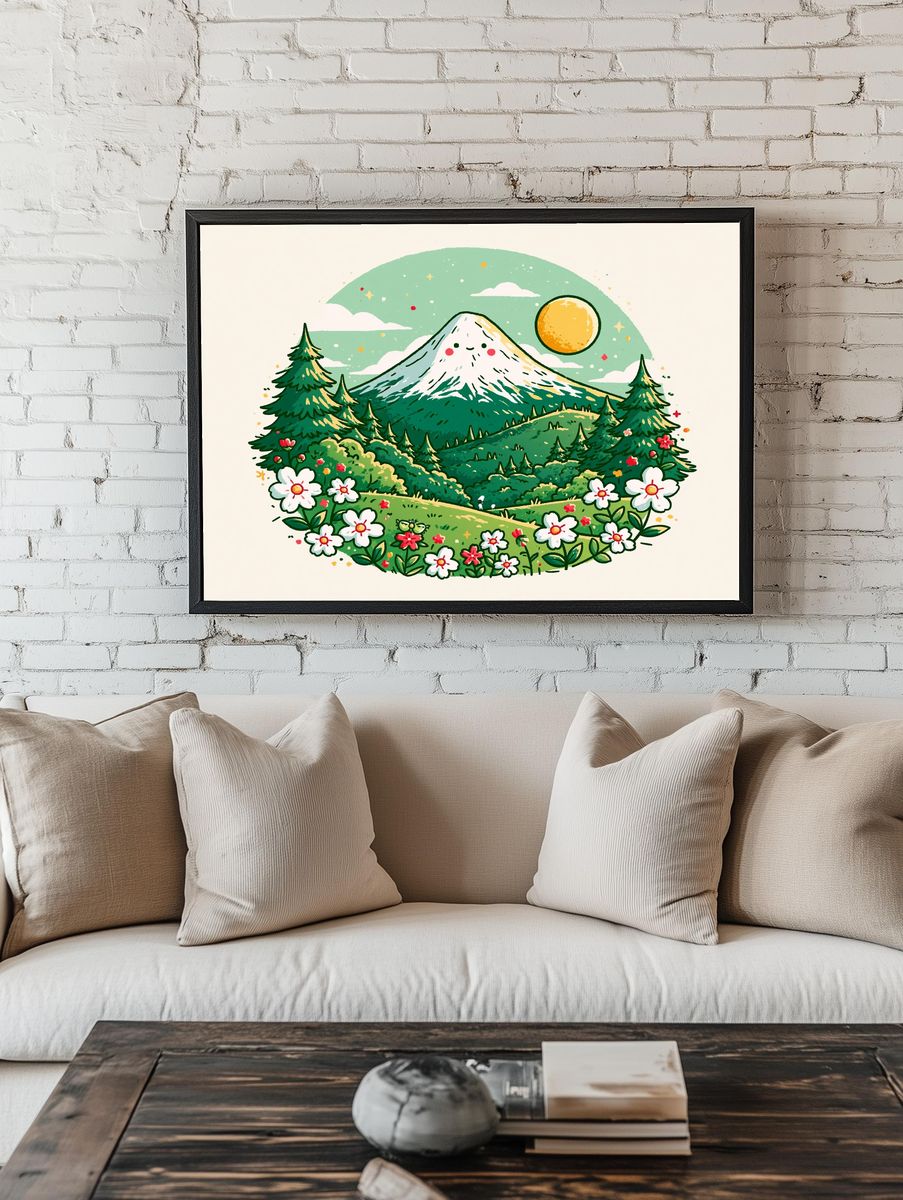 Whimsical Mountain Landscape Print. — room view 1