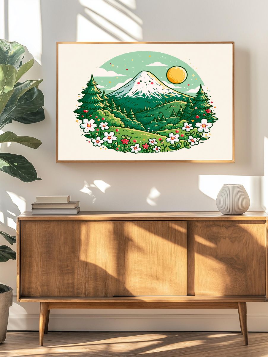 Whimsical Mountain Landscape Print. — room view 3